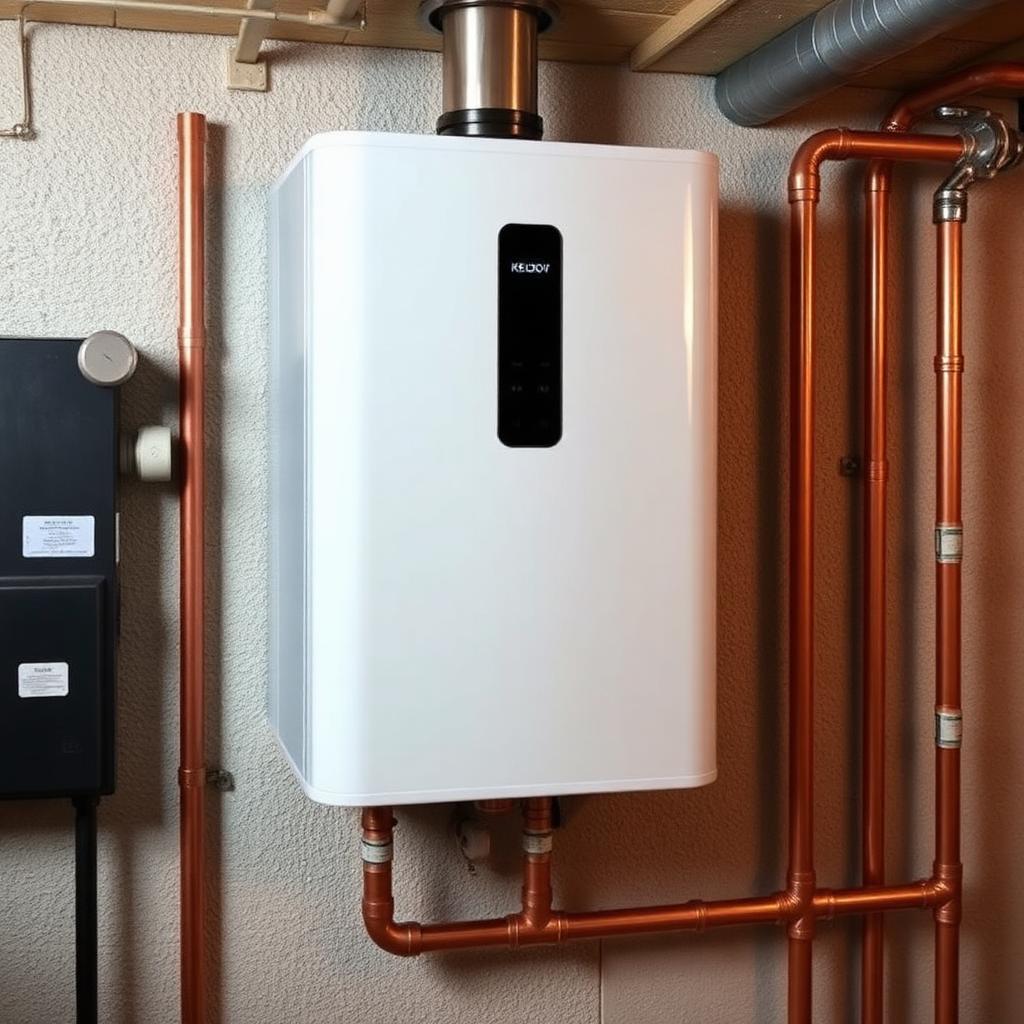 New tankless water heater installed with clean copper piping
