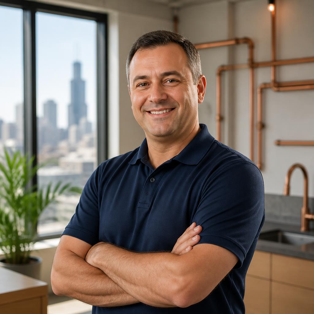 Grigore Becali, owner of Grighi Plumbing, smiling in a navy polo with the Chicago skyline behind him